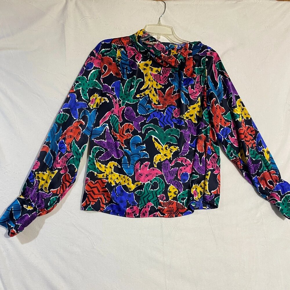 Vintage Michelle Stuart Petite Blouse Top Womens 12 Multicolor Abstract Floral
